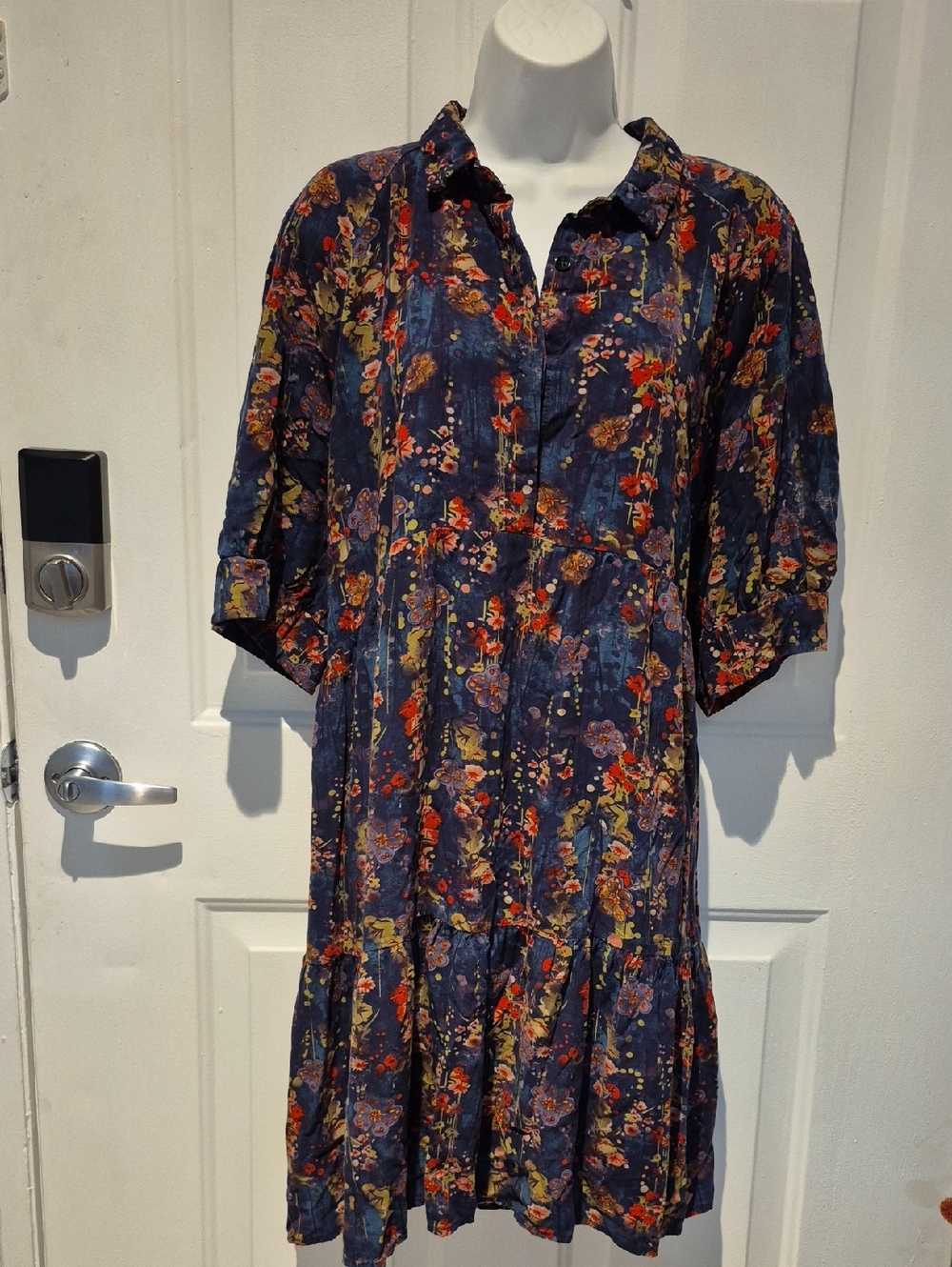 NATURAL LIFE Navy Floral Button-Front Tiered Midi Dress. Sz XXL